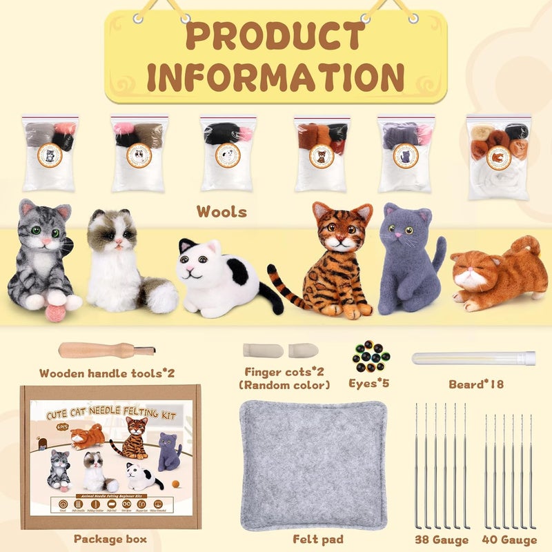 Mayboos 6 Pcs Needle Felting Kit, Animal Needle Felting Beginner Kits Wool Felt Needle Felting Tools with Instruction for DIY Craft Animal Home Decoration (Cute Cat) - Image 2